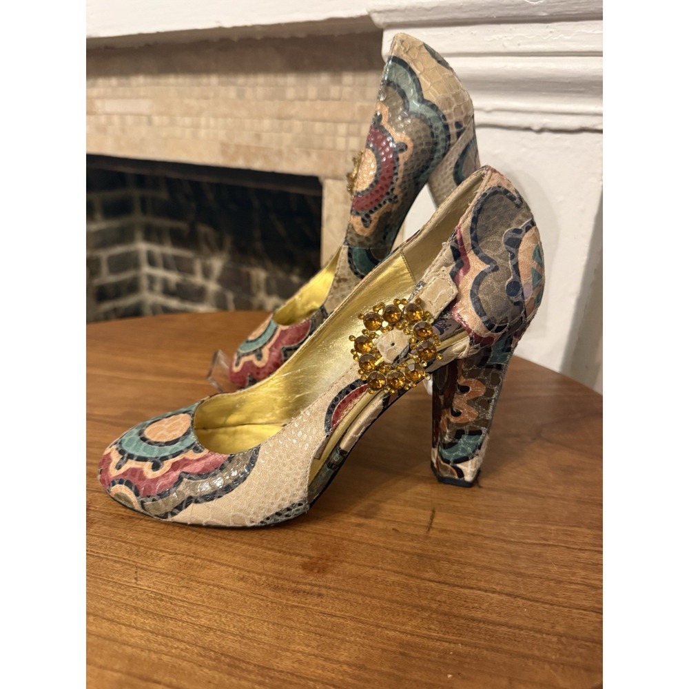 Hale Bob Floral Print Snakeskin Pattern Rhinestone 4"Heels Size 7 ‎ GUC